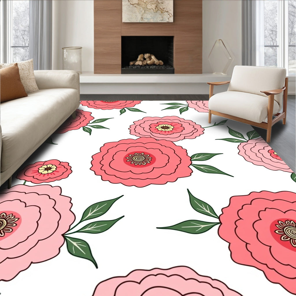 Pink Peony Garden Floral Pattern Rug