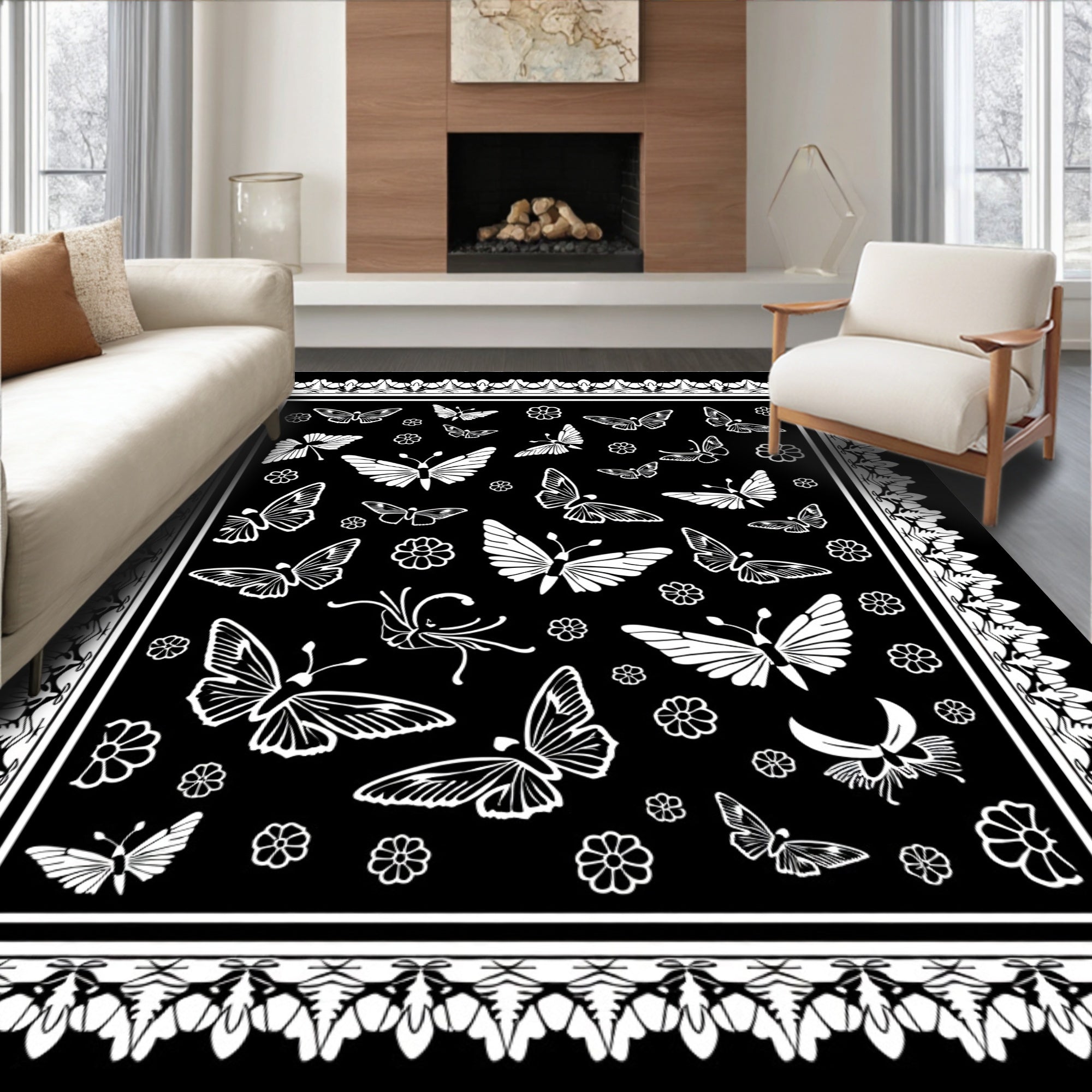 White Butterflies Floral Motif Design Rug