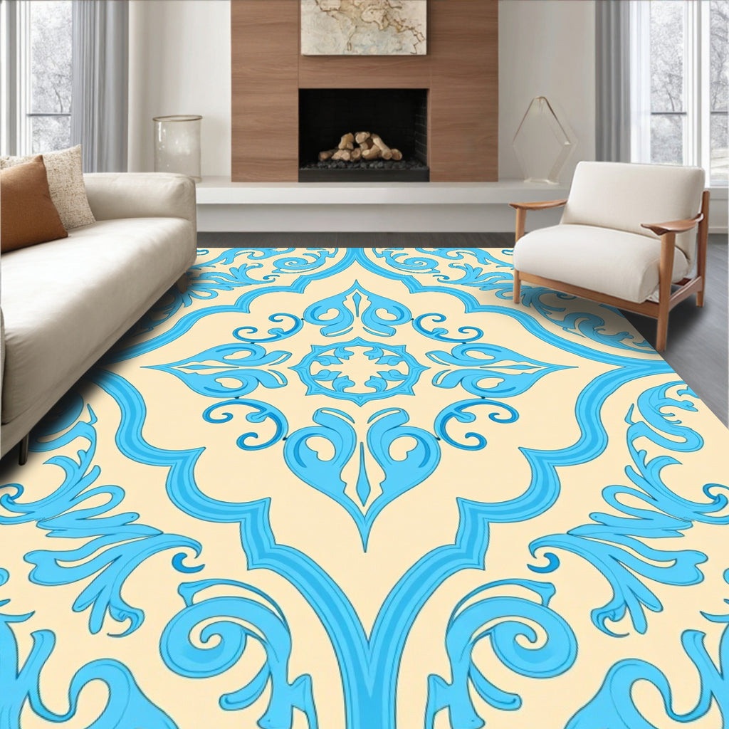 Azure Swirls Floral Pattern Rug