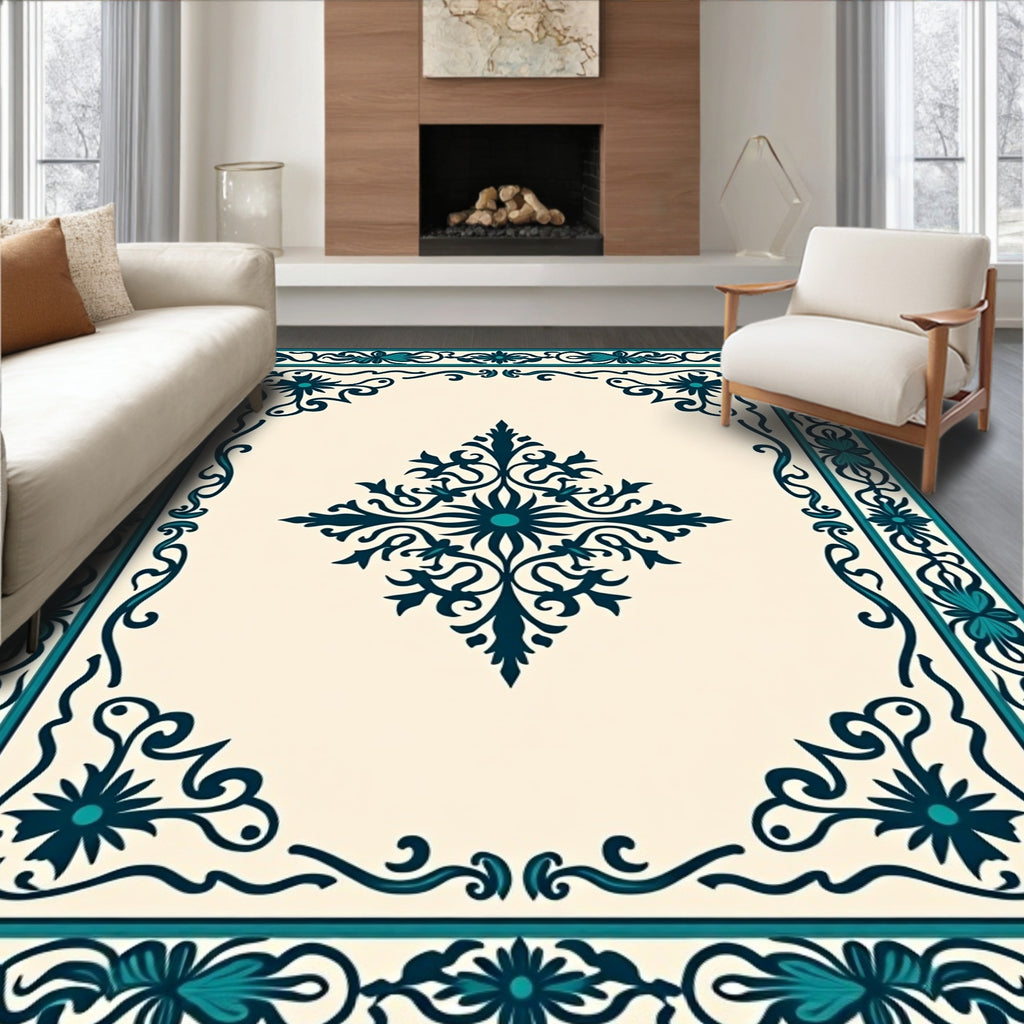 Ornate Teal Floral Medallion Pattern Rug
