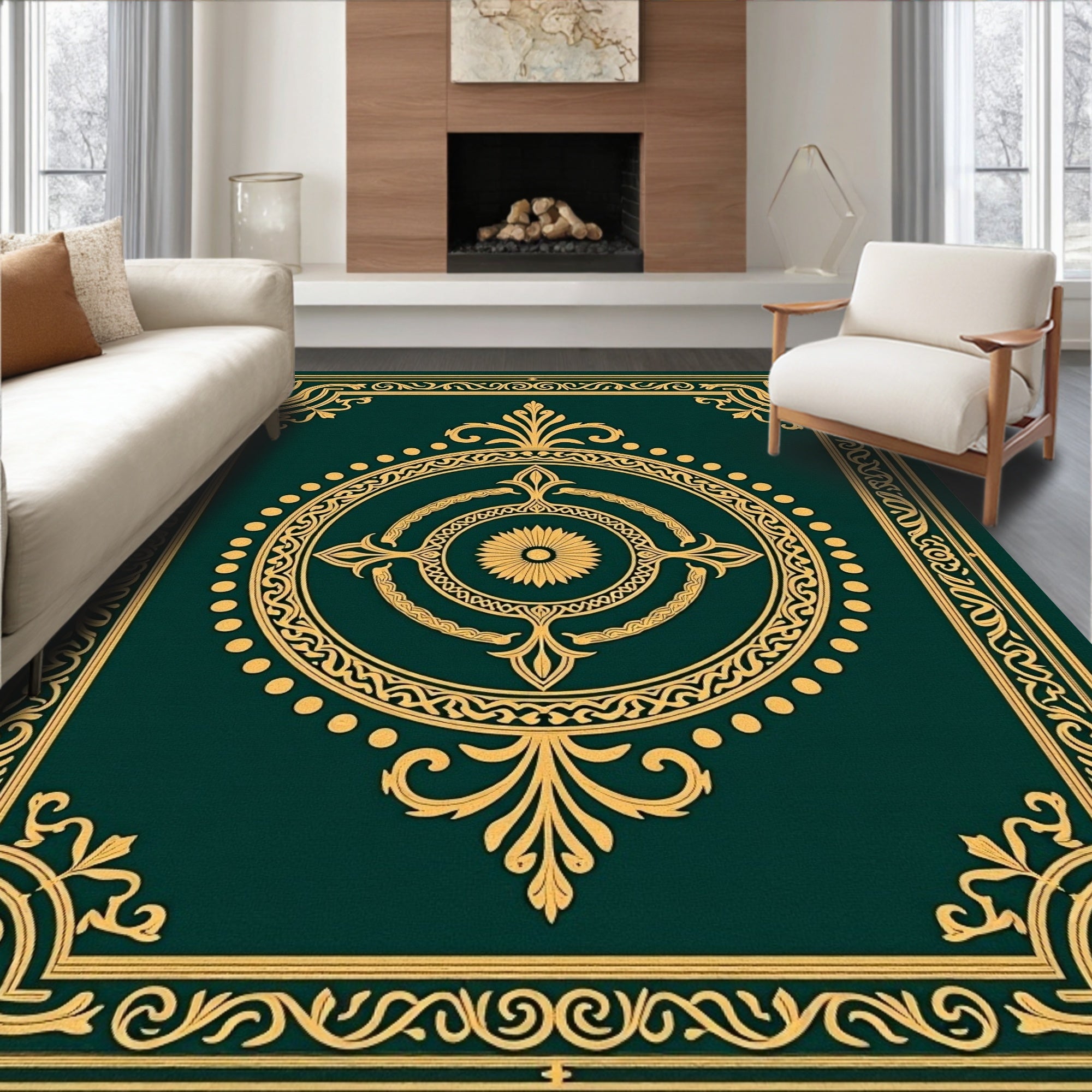 Ornate Gold Floral Green Patterned Rug