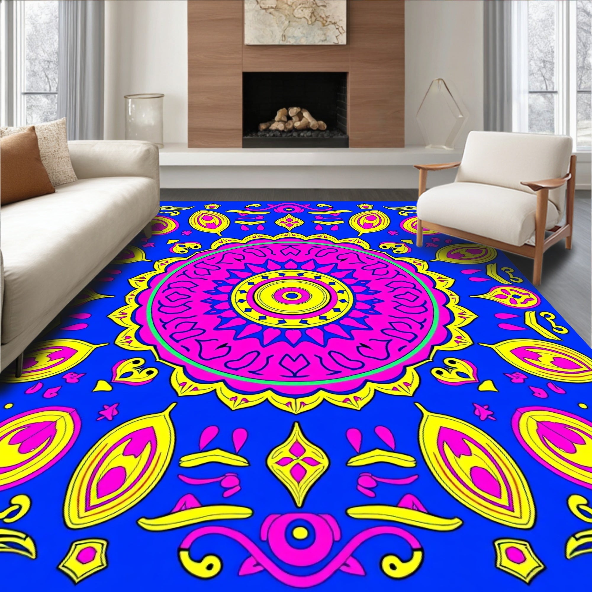 Bold Pink Yellow Mandala Pattern Rug