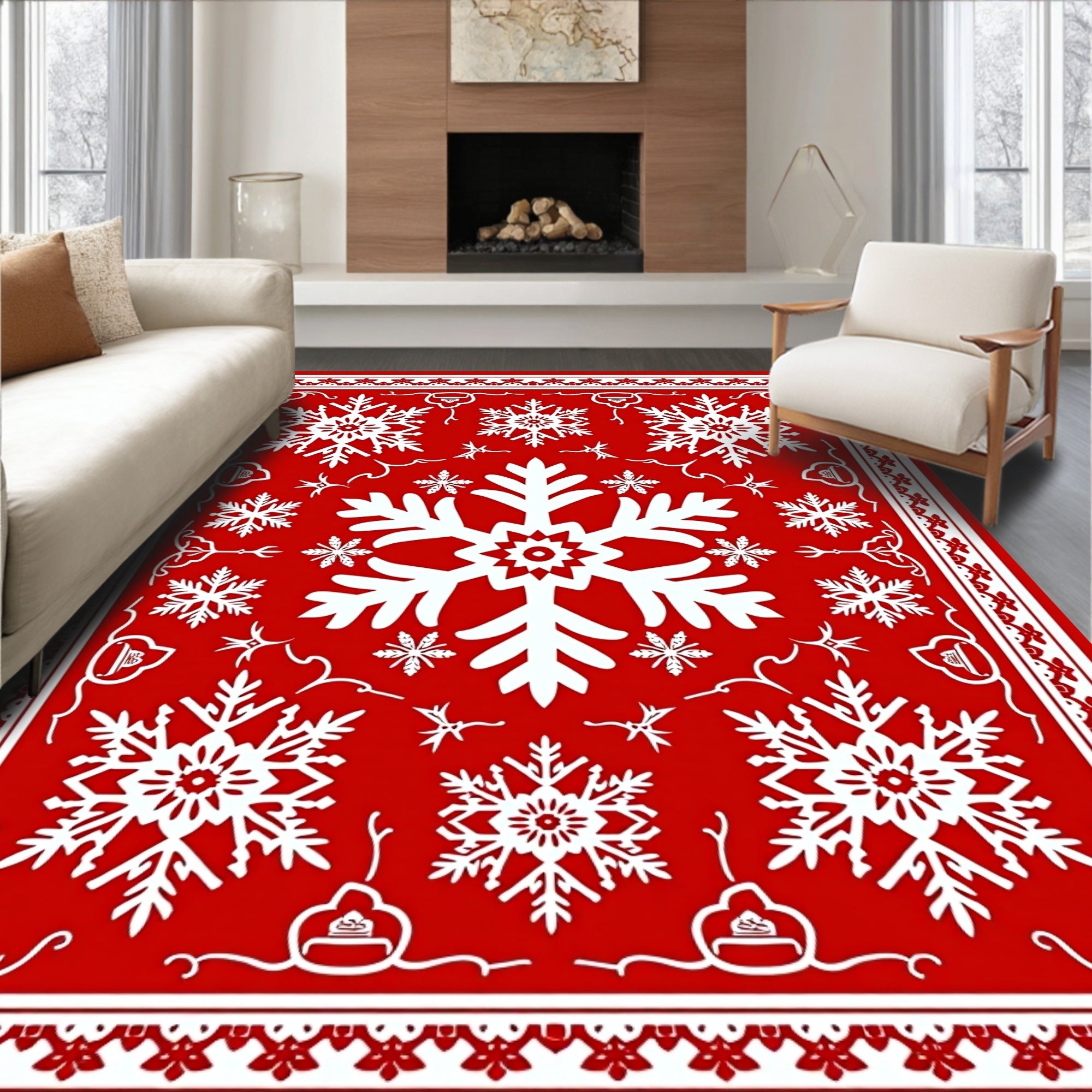 Red White Snowflake Festivity Pattern Rug