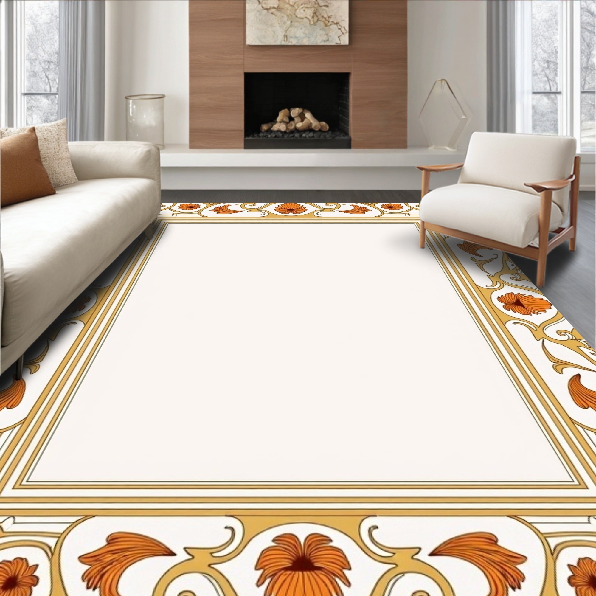 Golden Floral Ornate Border Design Rug