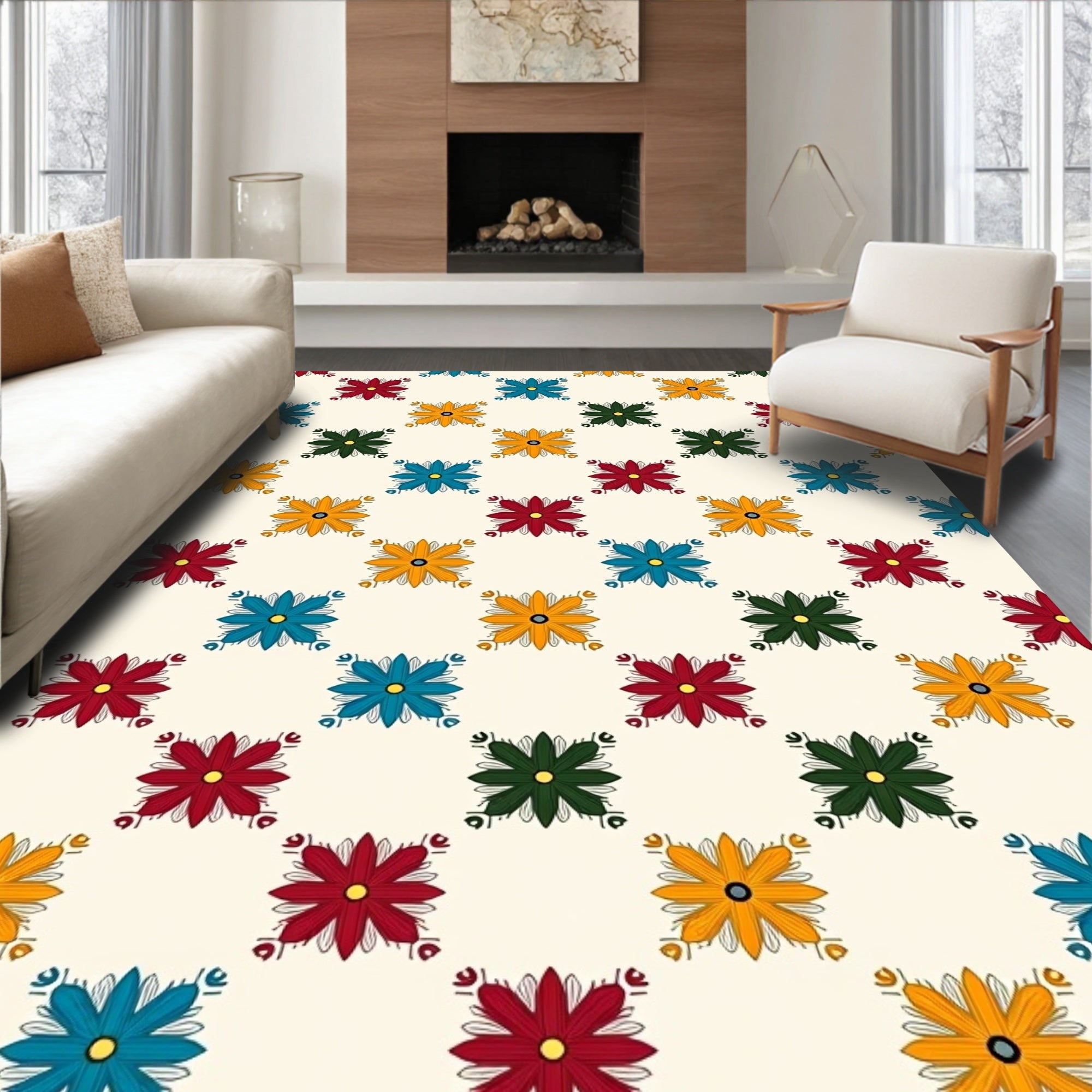 Geometric Floral Pattern In 4 Colors Rug