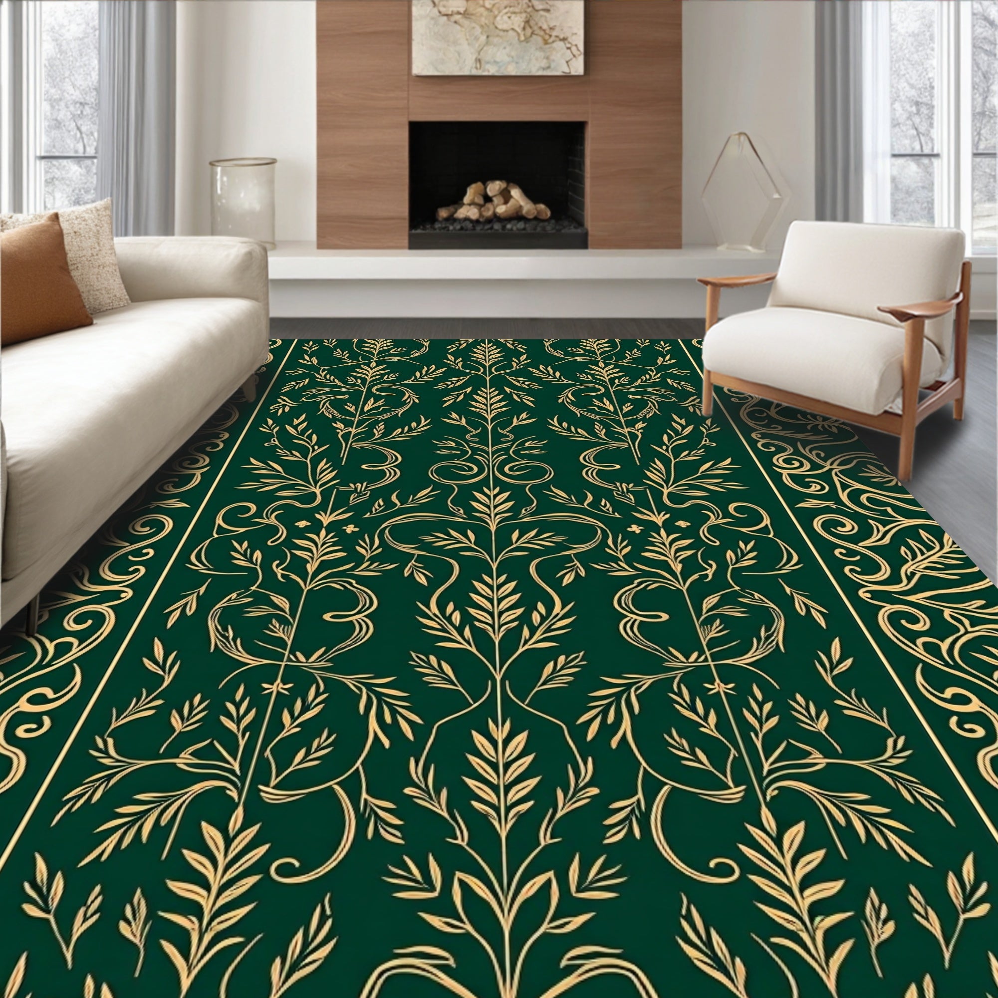 Rich Green Gold Floral Vine Pattern Rug