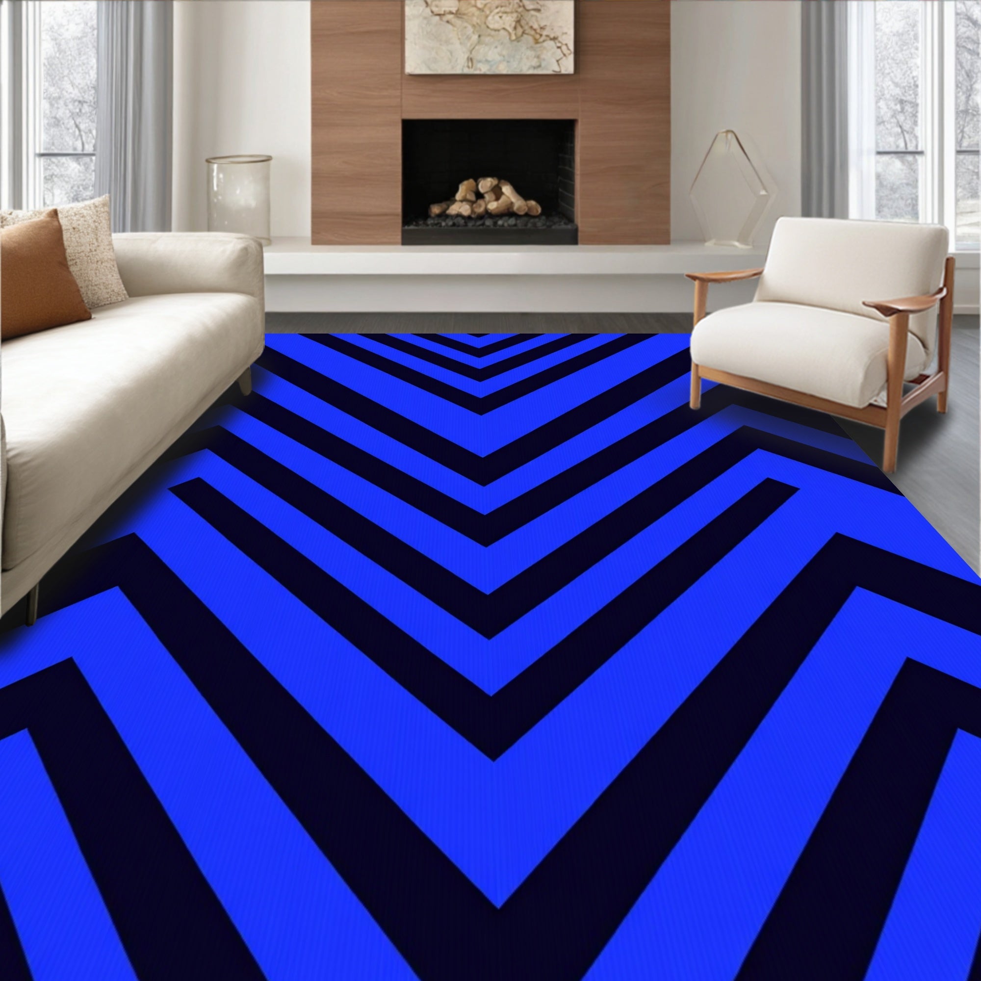Bold Blue Geometric Zigzag Pattern Rug
