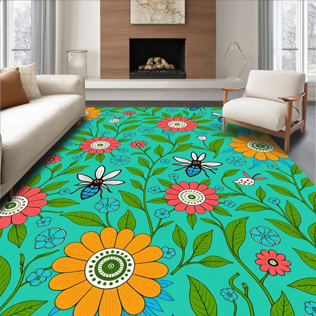 Bold Floral And Insect Pattern Rug