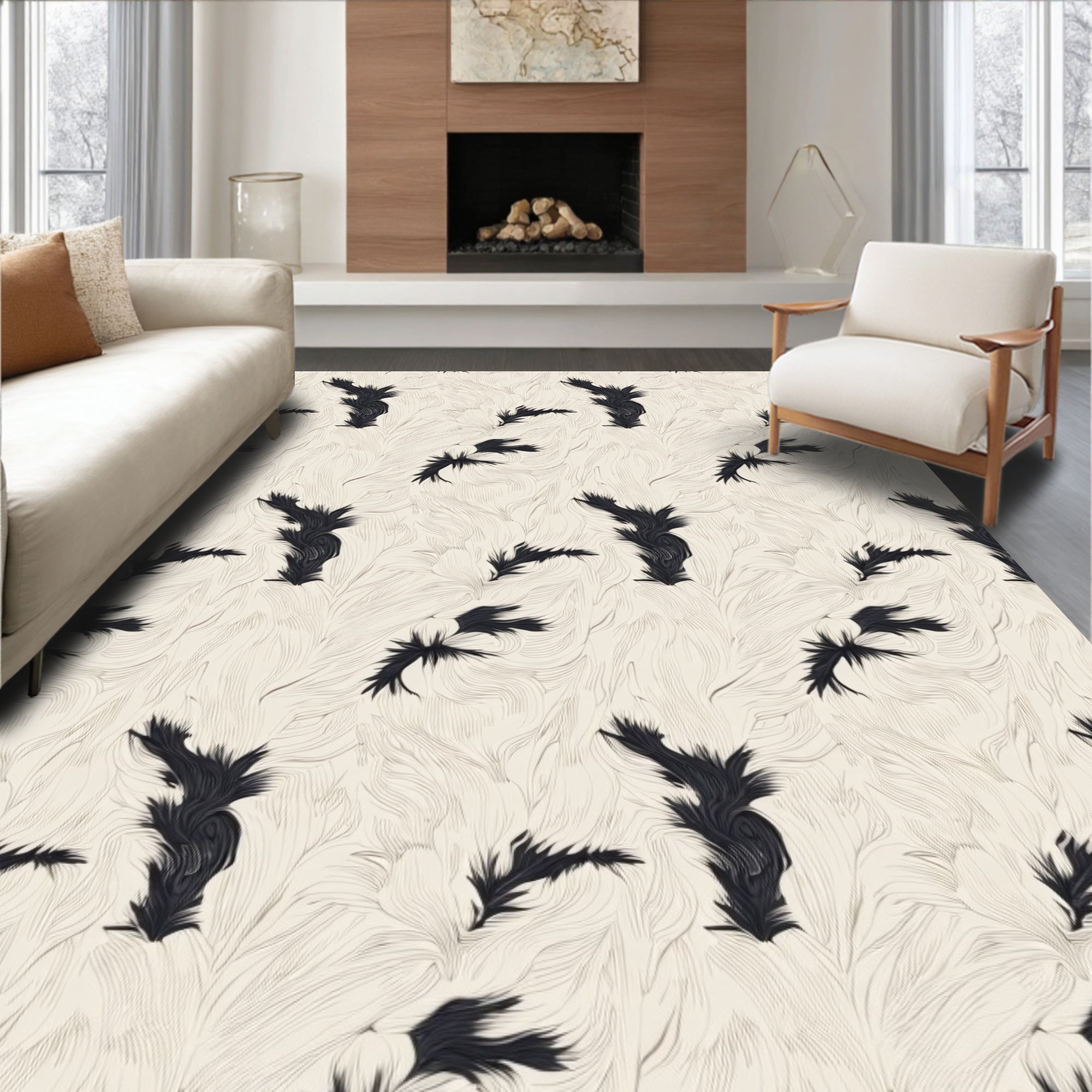 Abstract Black Spiky Whimsical Pattern Rug