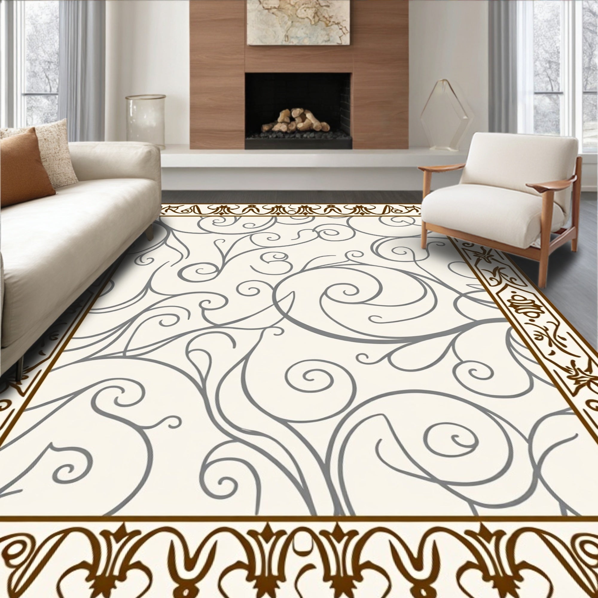 Classic Scrollwork Floral Border Rug