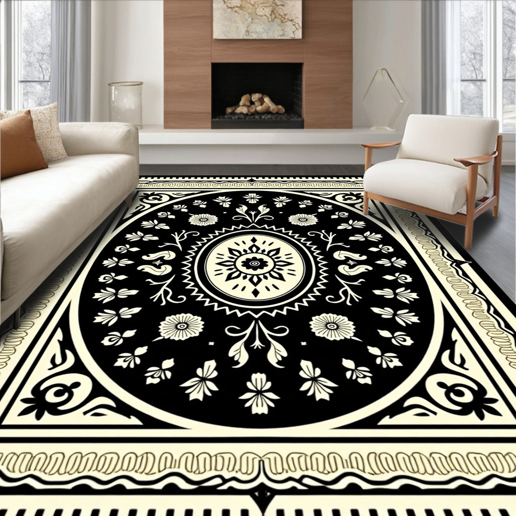 Classic Black Cream Ornamental Floral Rug