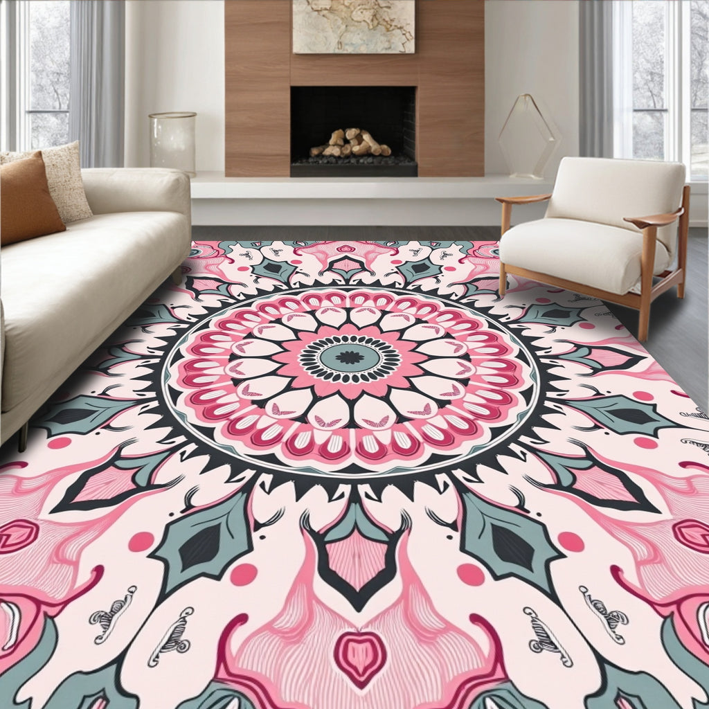 Pink Mandala Floral Geometric Design Rug