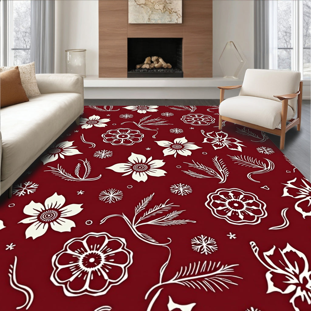 Crimson Floral And Snowflake Pattern Rug