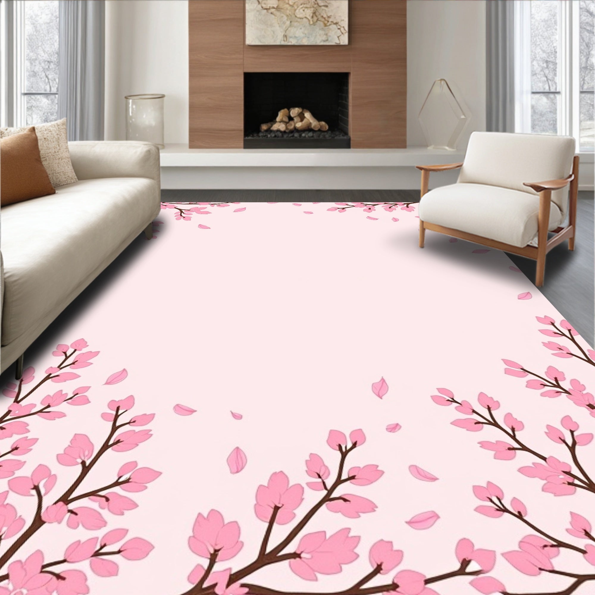 Pink Blossom Branches Falling Petals Rug