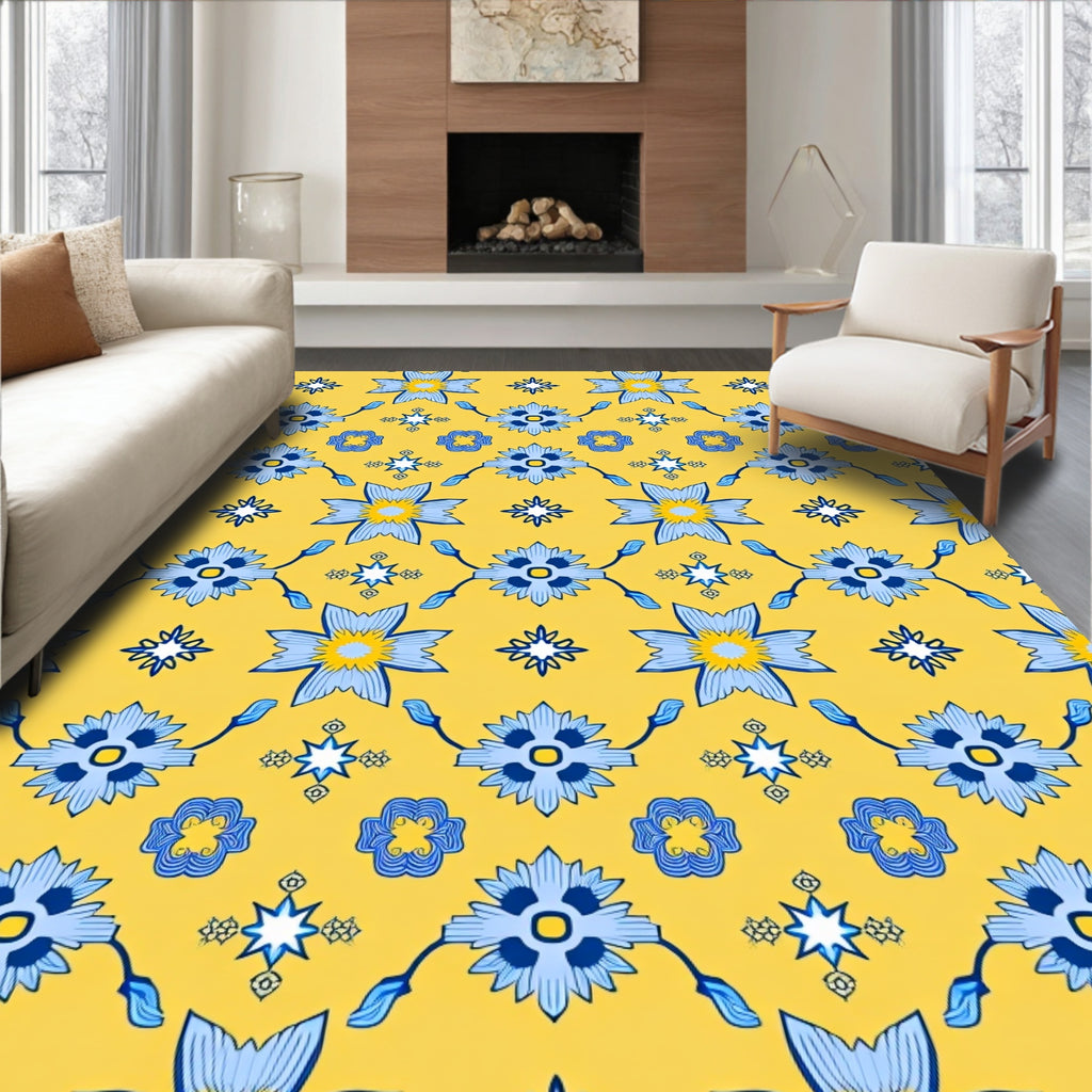 Blue Floral Pattern Yellow Background Rug