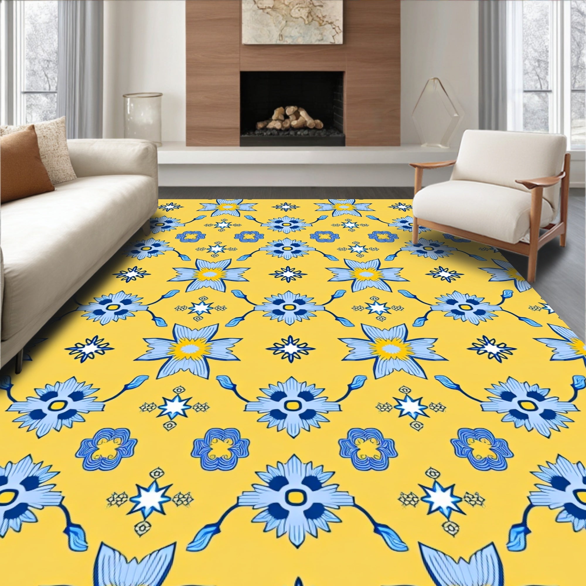 Blue Floral Pattern Yellow Background Rug