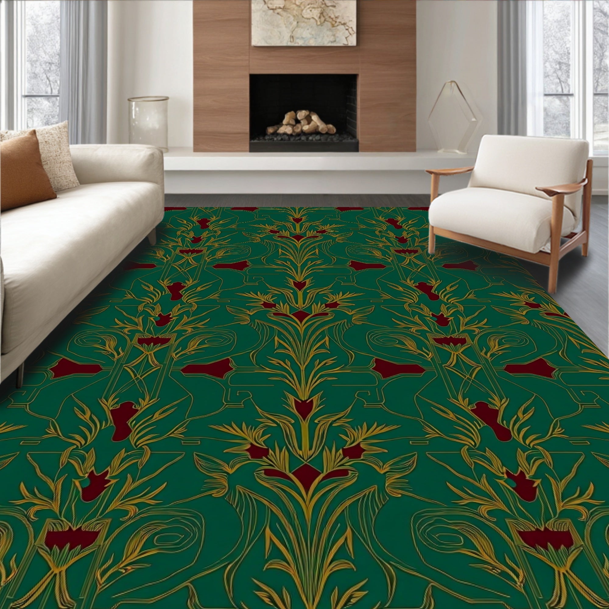 Emerald Green Art Nouveau Floral Medallion Rug