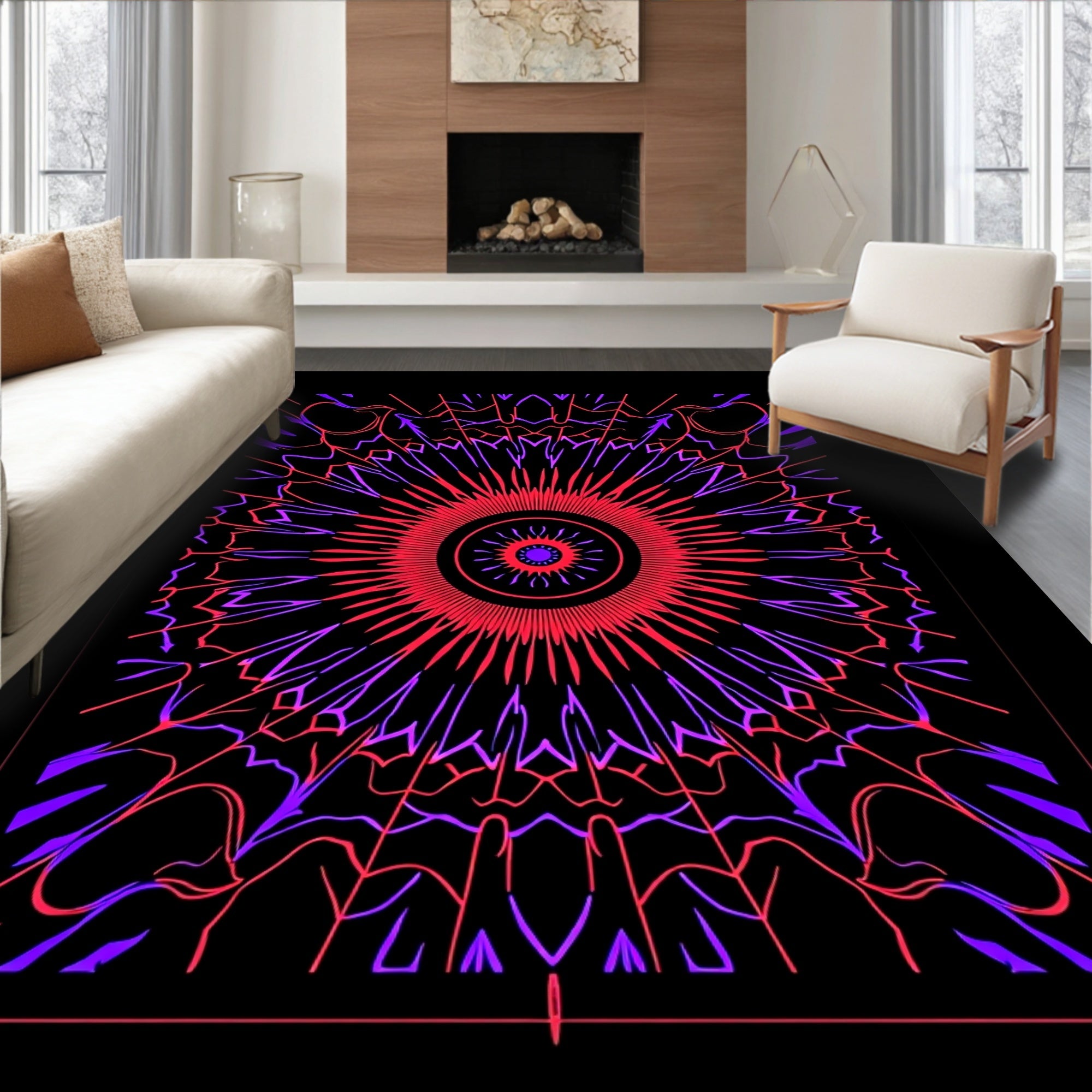 Vibrant Red Purple Sunburst Pattern Rug