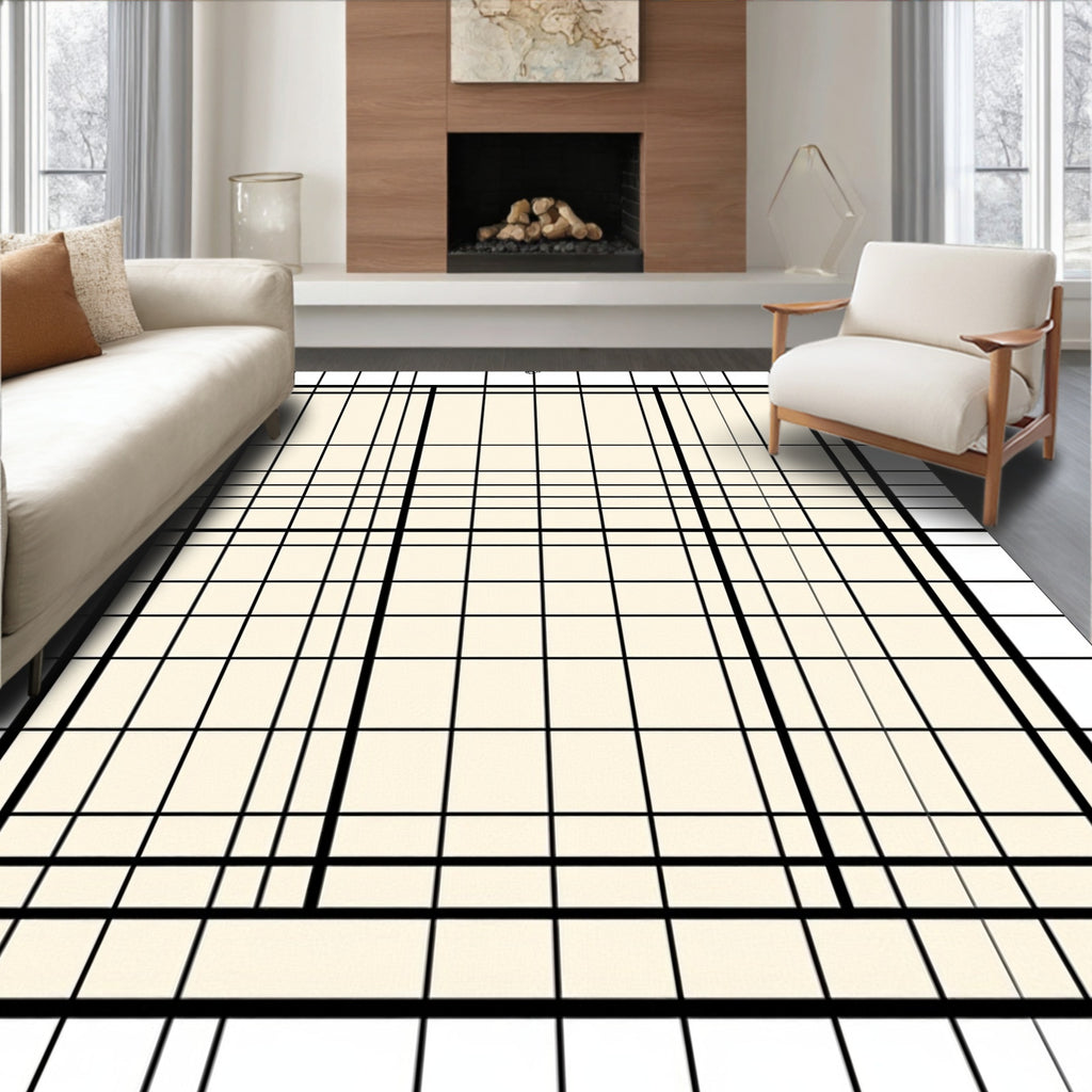Simple Cream Grid Geometric Rug