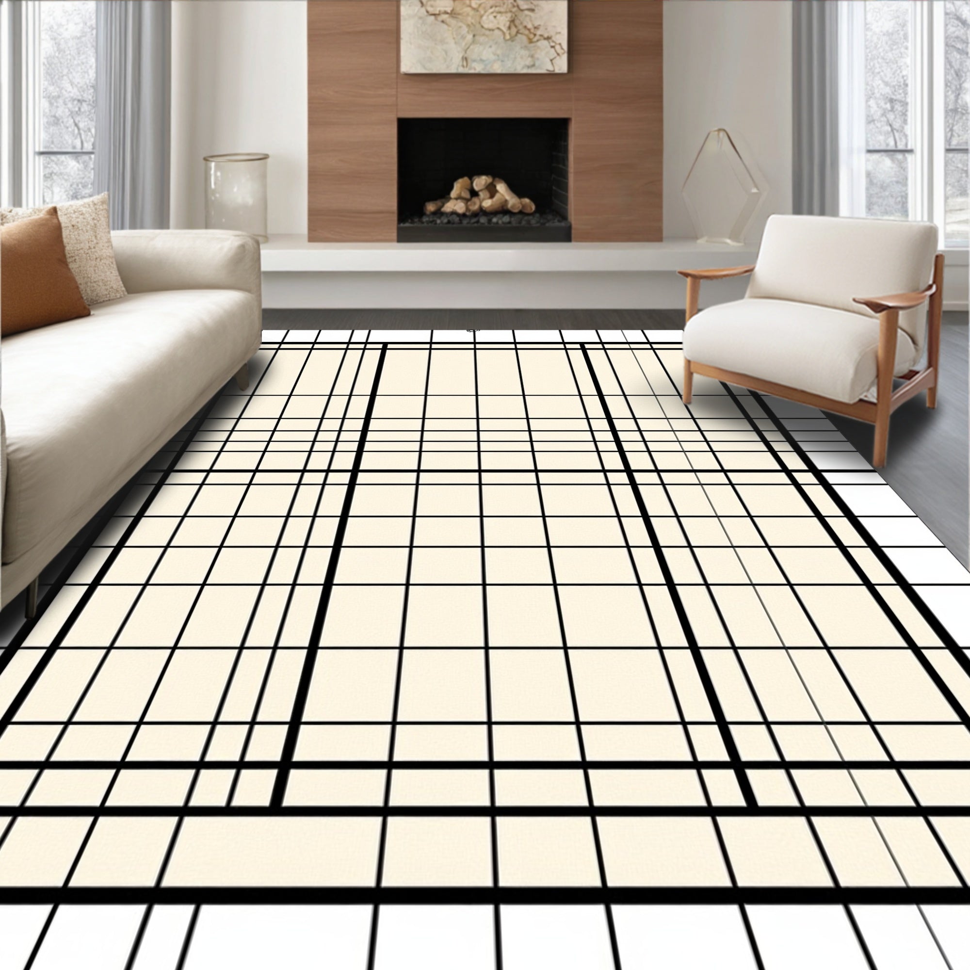 Simple Cream Grid Geometric Rug
