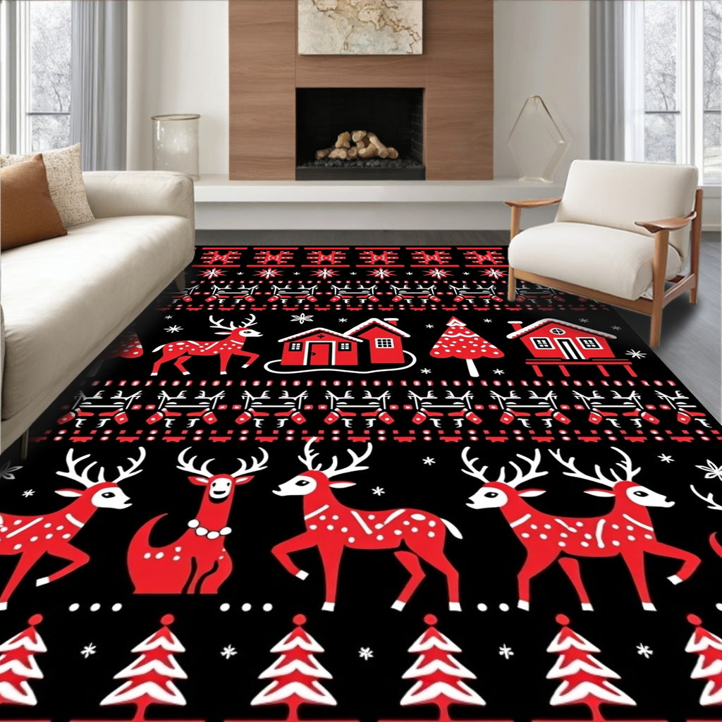 Red White Deer Festive Pattern Rug