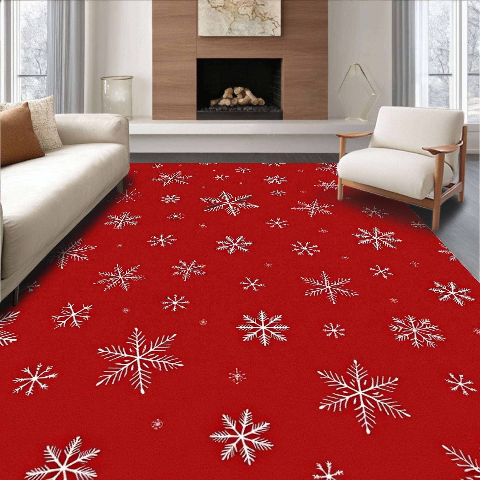 Red Snowflake Patterned Winter Design Rug