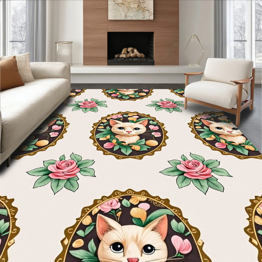 Whimsical Cat Portrait Floral Design Rug
