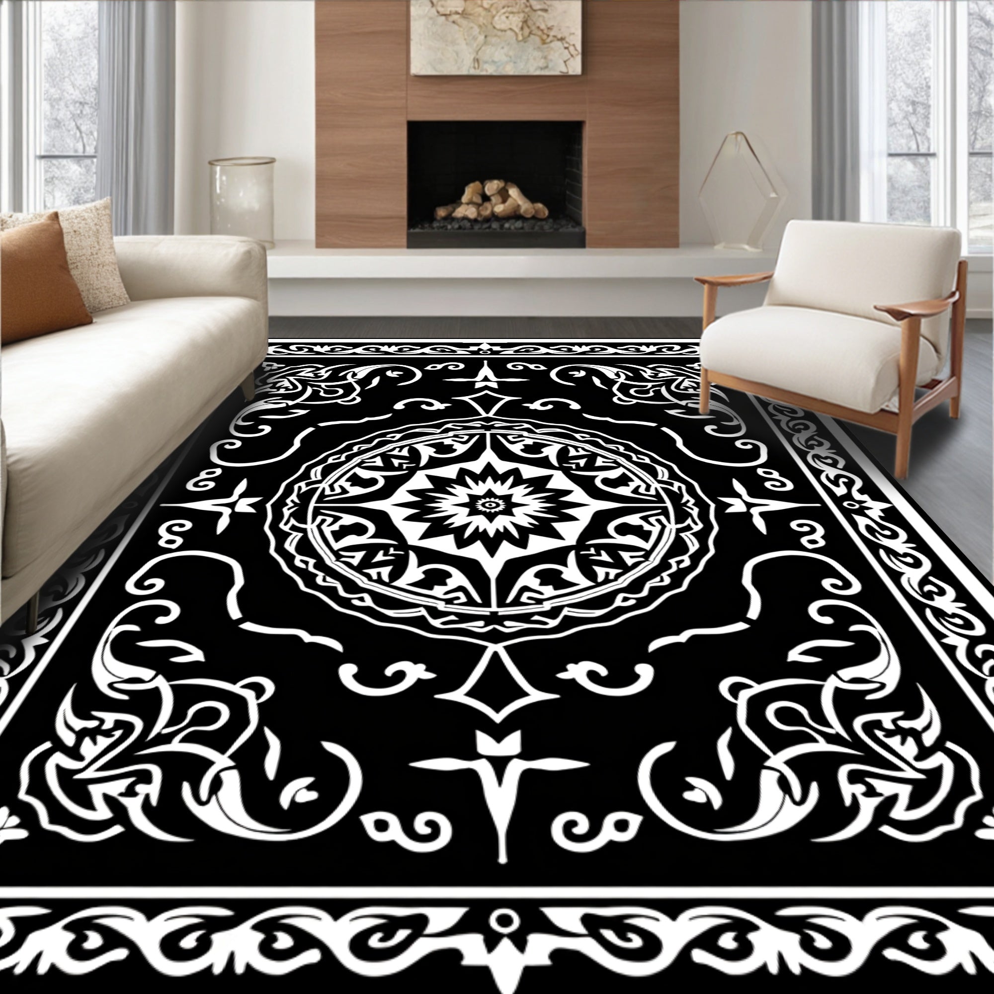 Intricate Black White Floral Medallion Rug