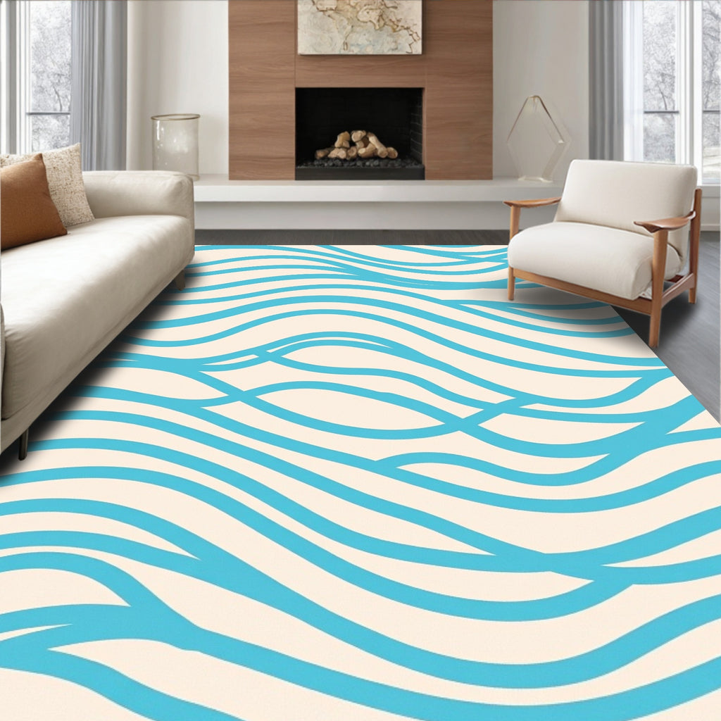 Abstract Blue Wavy Lines Design Rug