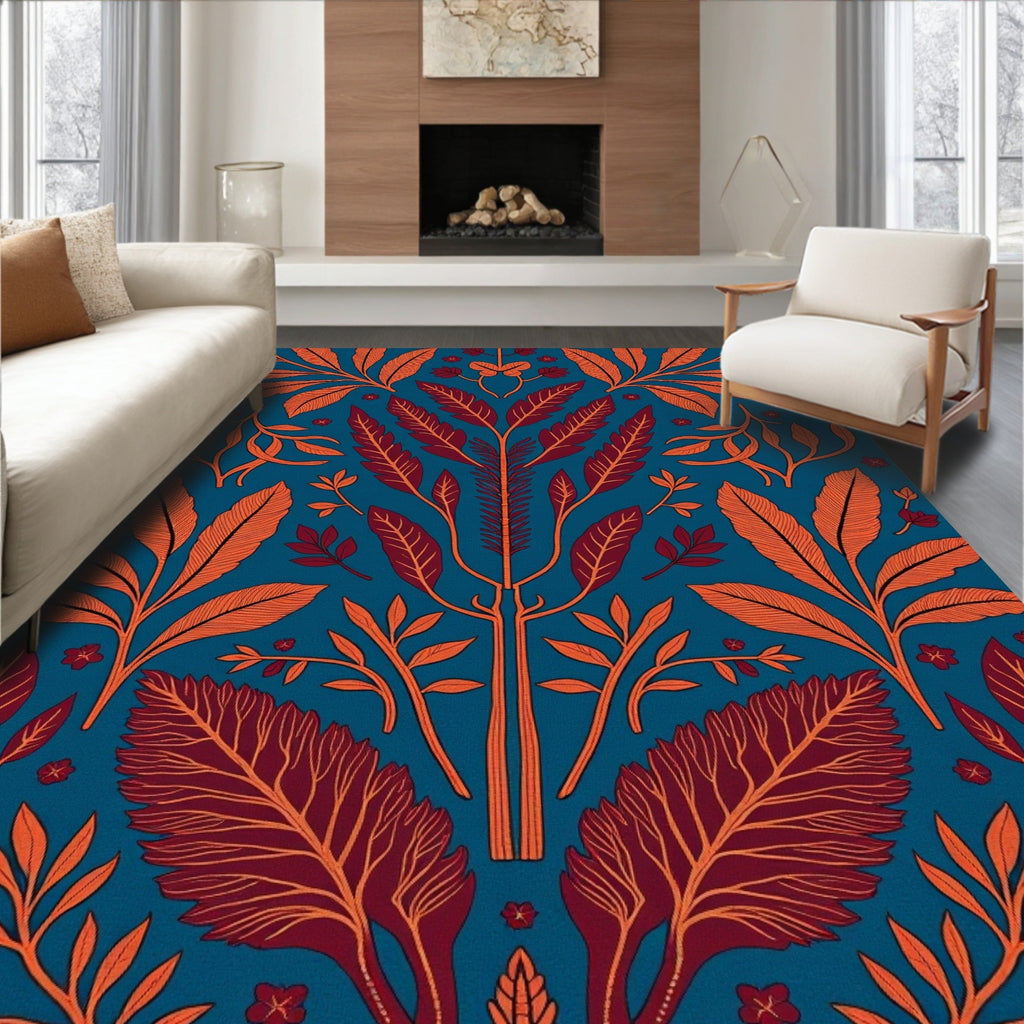 Vibrant Orange Red Floral Pattern Rug