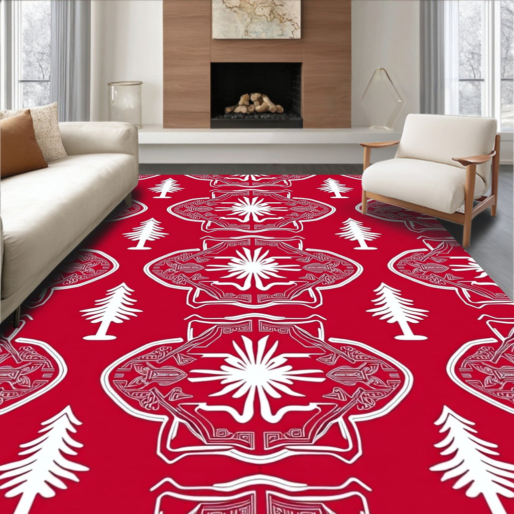Red White Abstract Geometric Tree Pattern Rug