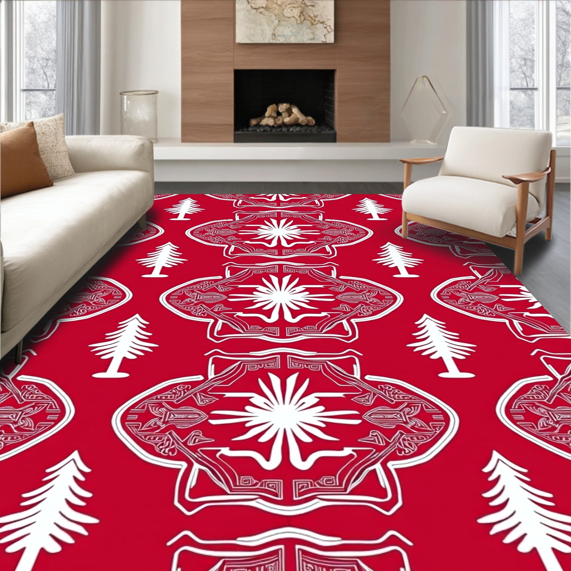 Red White Abstract Geometric Tree Pattern Rug