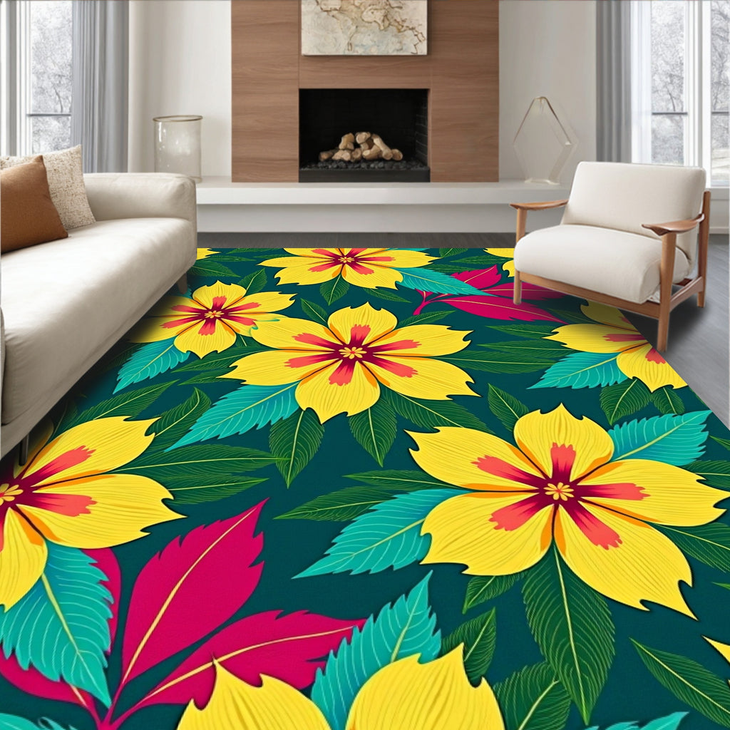 Vibrant Yellow Red Floral Foliage Rug