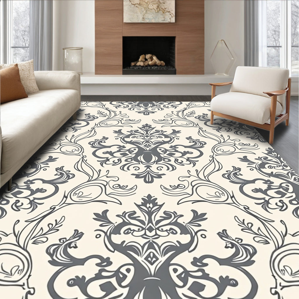 Grey Ivory Classic Floral Damask Rug