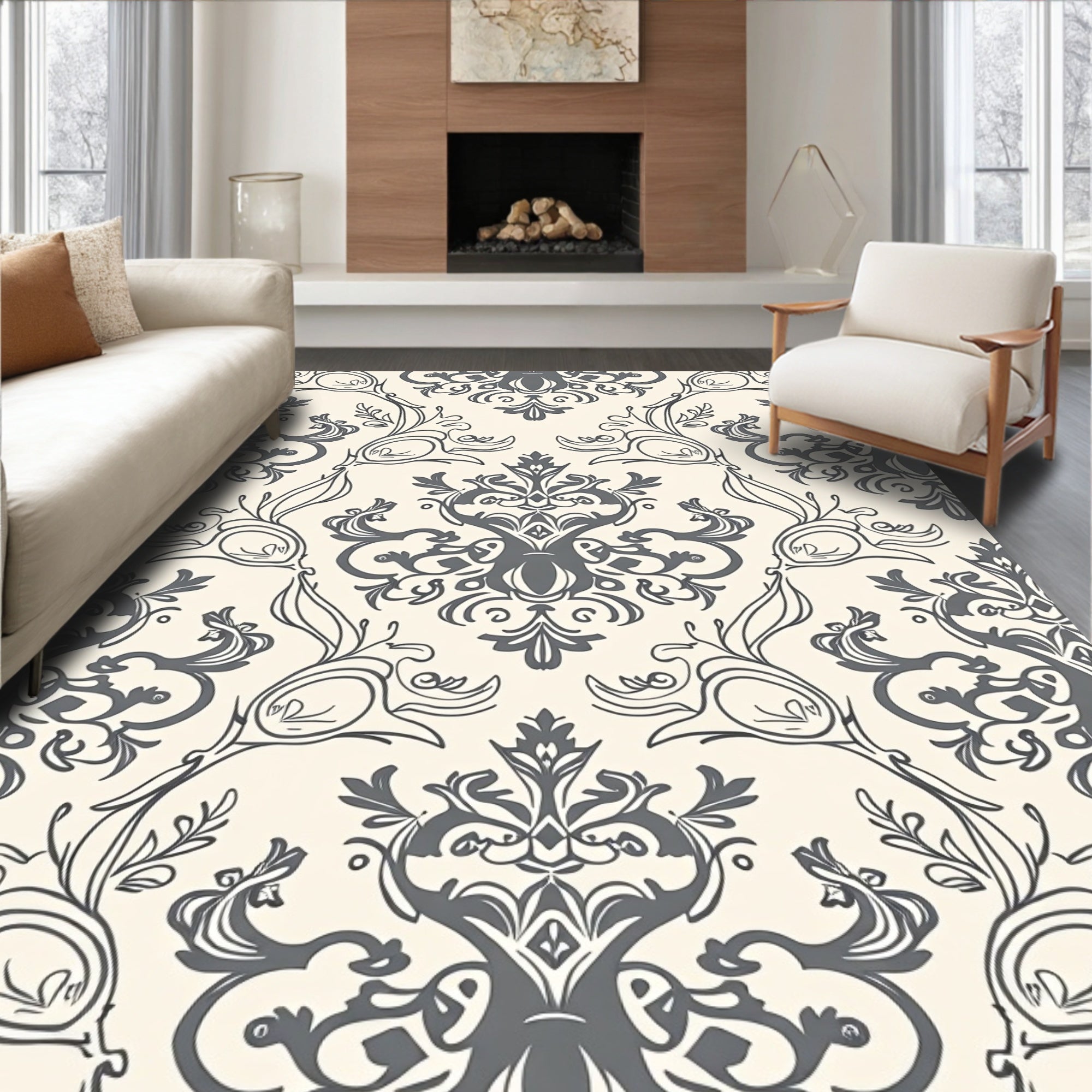 Grey Ivory Classic Floral Damask Rug
