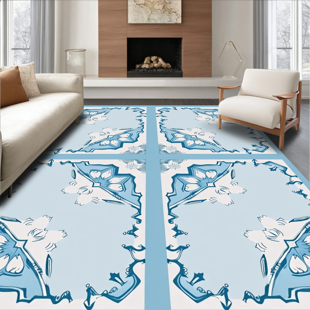 Art Deco Blue Floral Tile Pattern Rug