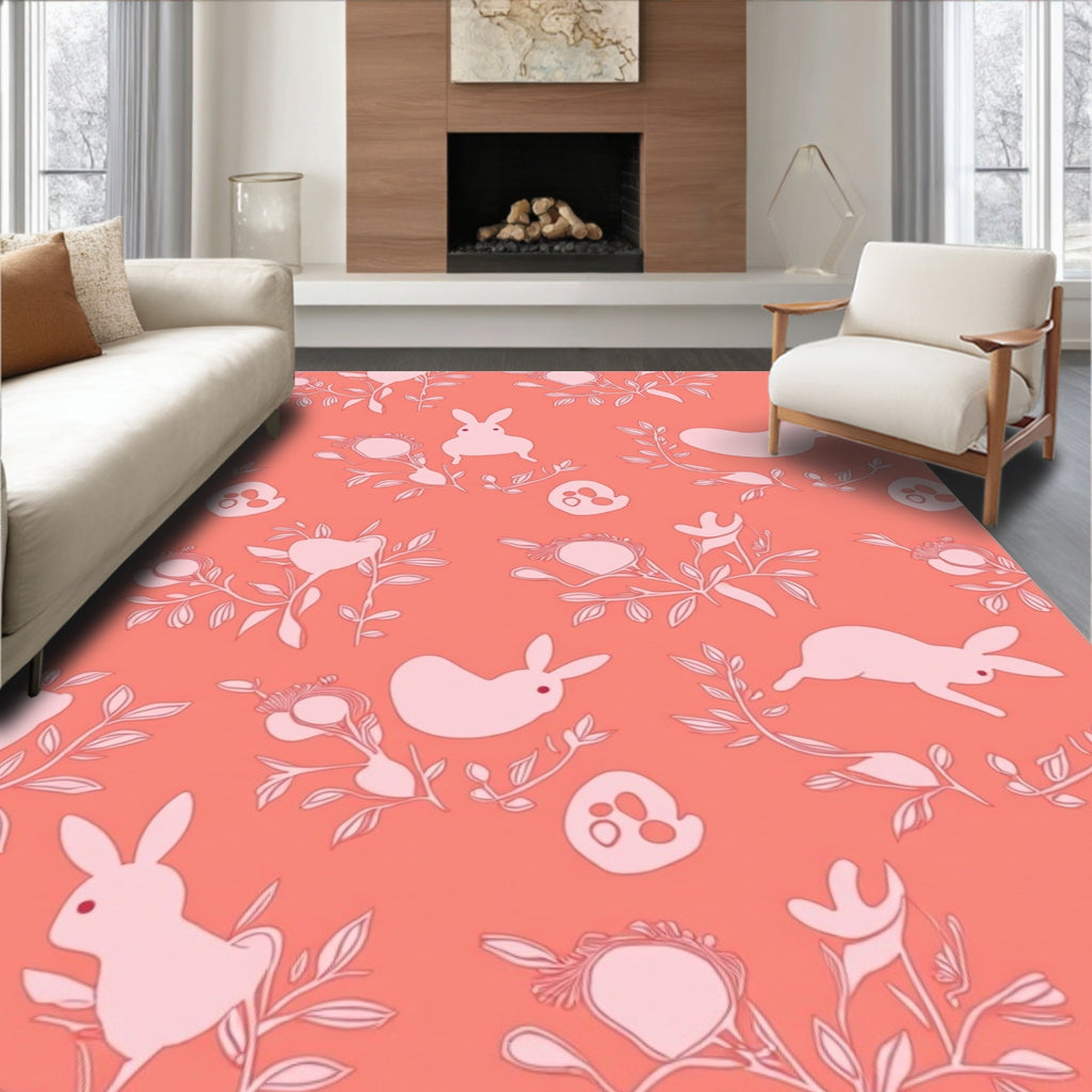 Whimsical Bunny And Floral Pattern Rug