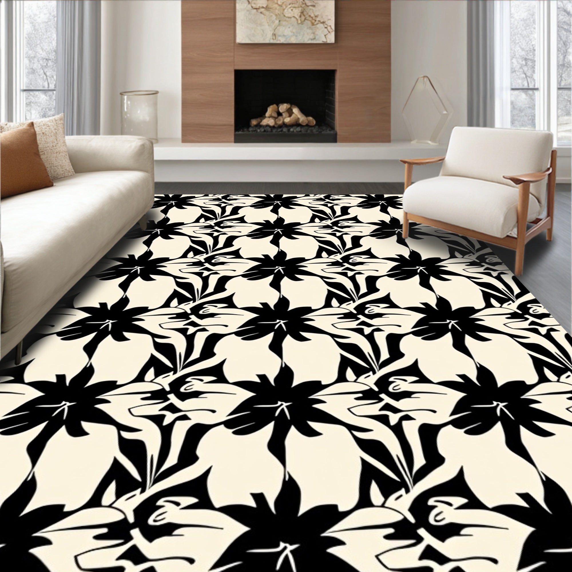 Artistic Black Abstract Floral Pattern Rug