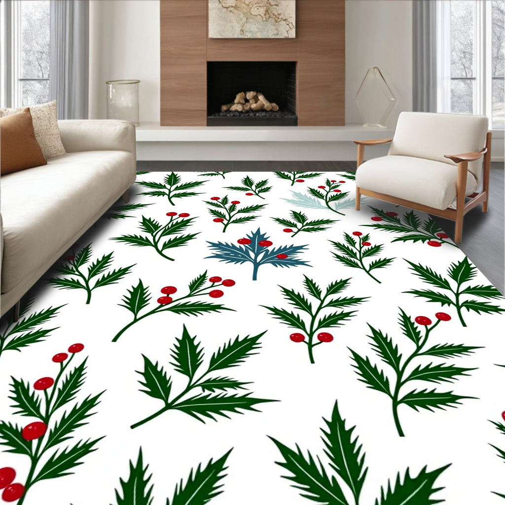 Deep Green Holly Berry Branches Rug