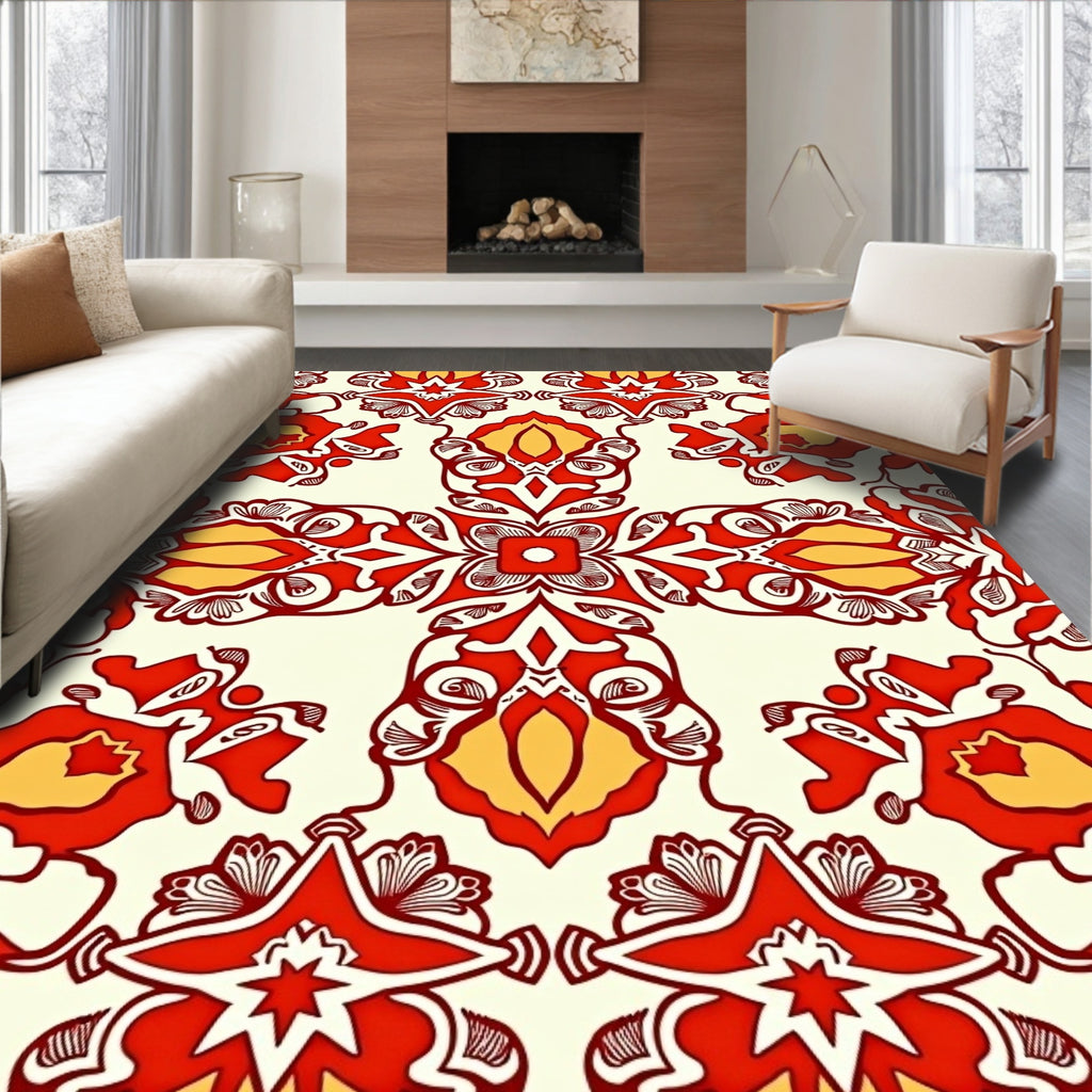Red Yellow Floral Medallion Pattern Rug