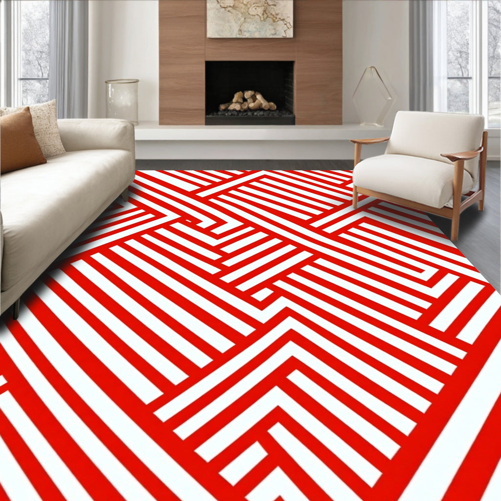 Red and White Geometric Interlocking Pattern Rug