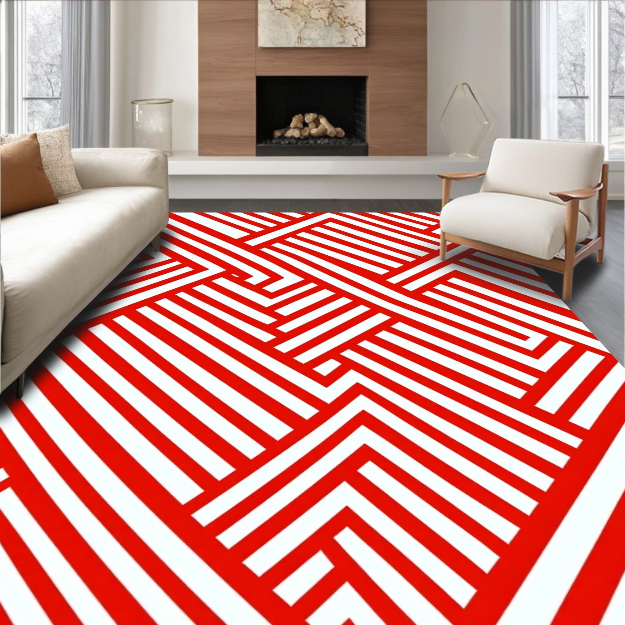 Red and White Geometric Interlocking Pattern Rug