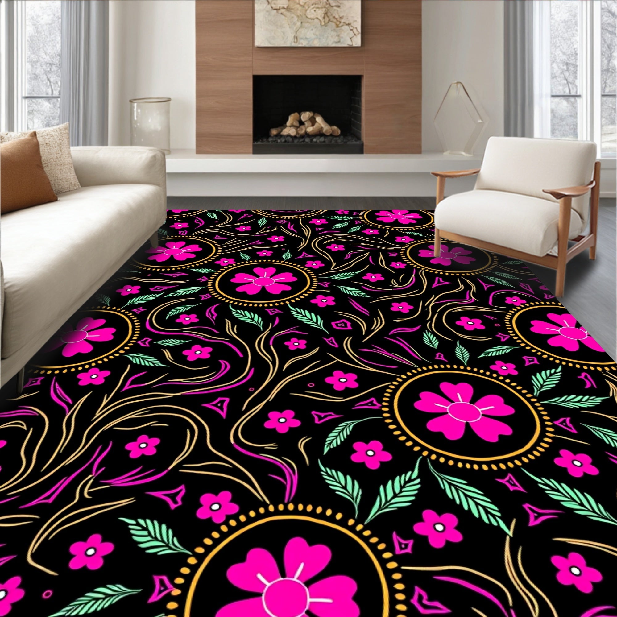 Bold Floral Pattern With Swirls Rug