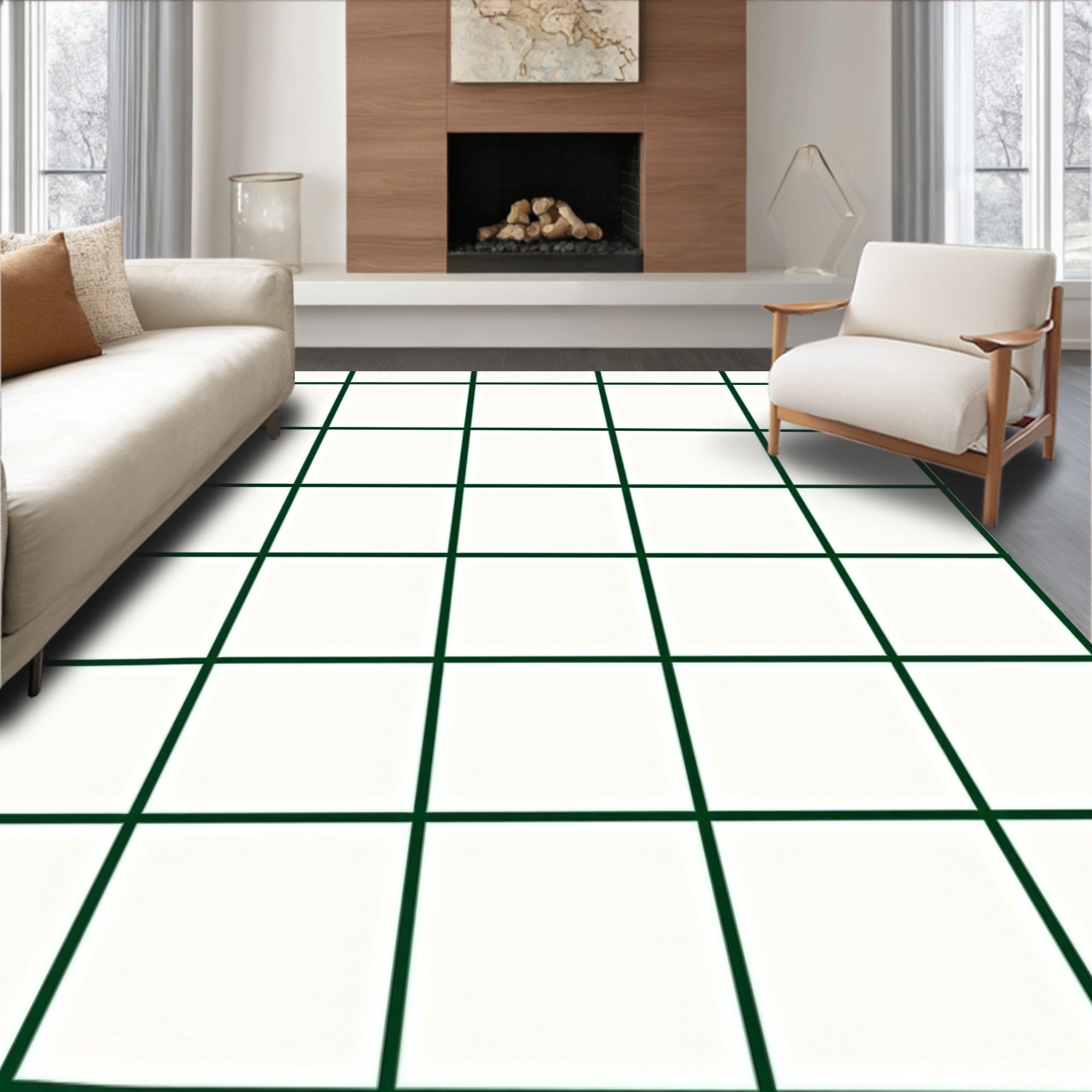 White And Green Grid Pattern Rug