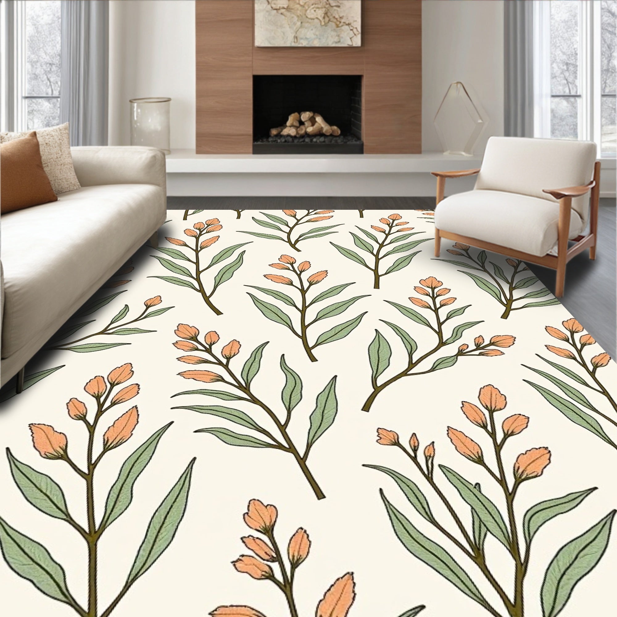 Botanical Branch Pattern With Orange Buds Rug