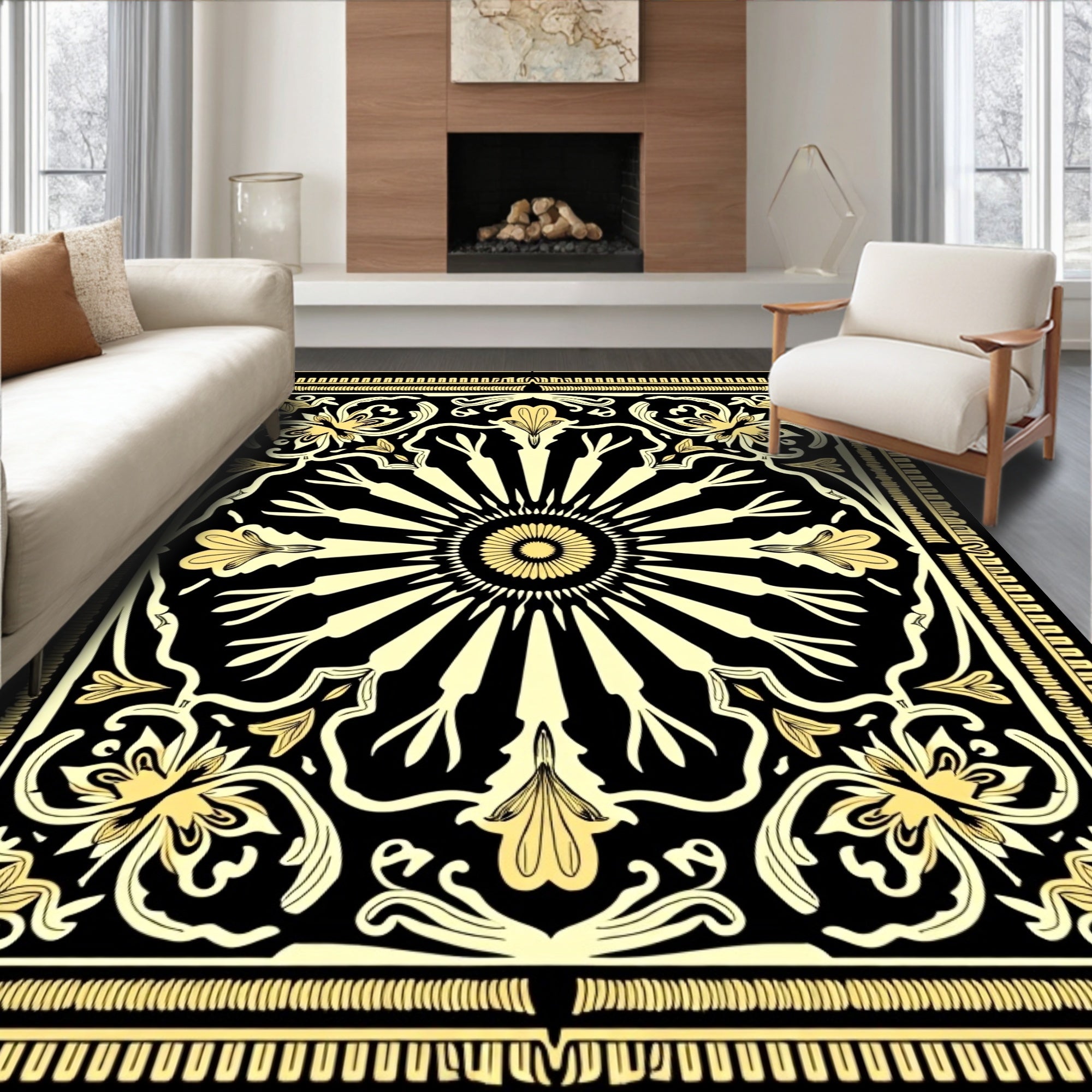 Black Gold Floral Sunburst Pattern Rug