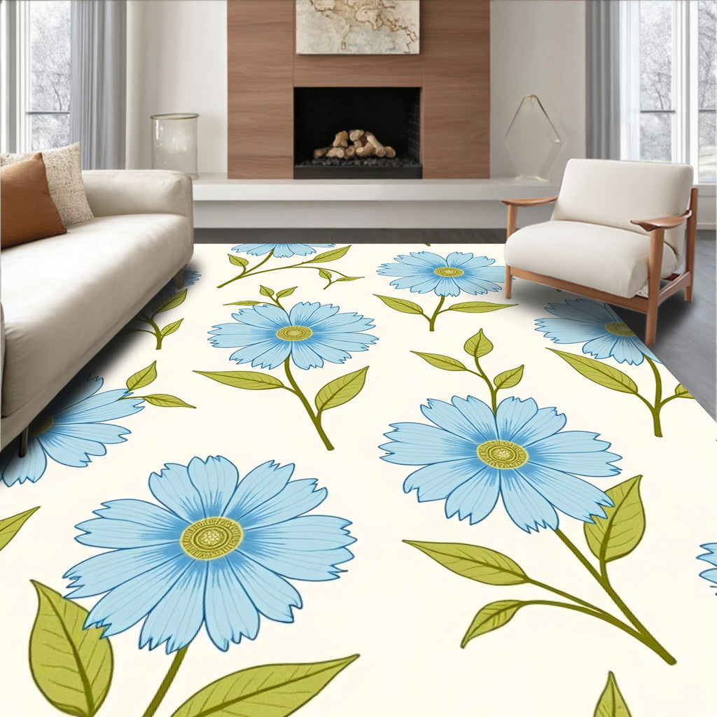 Light Blue Daisy Botanical Print Rug