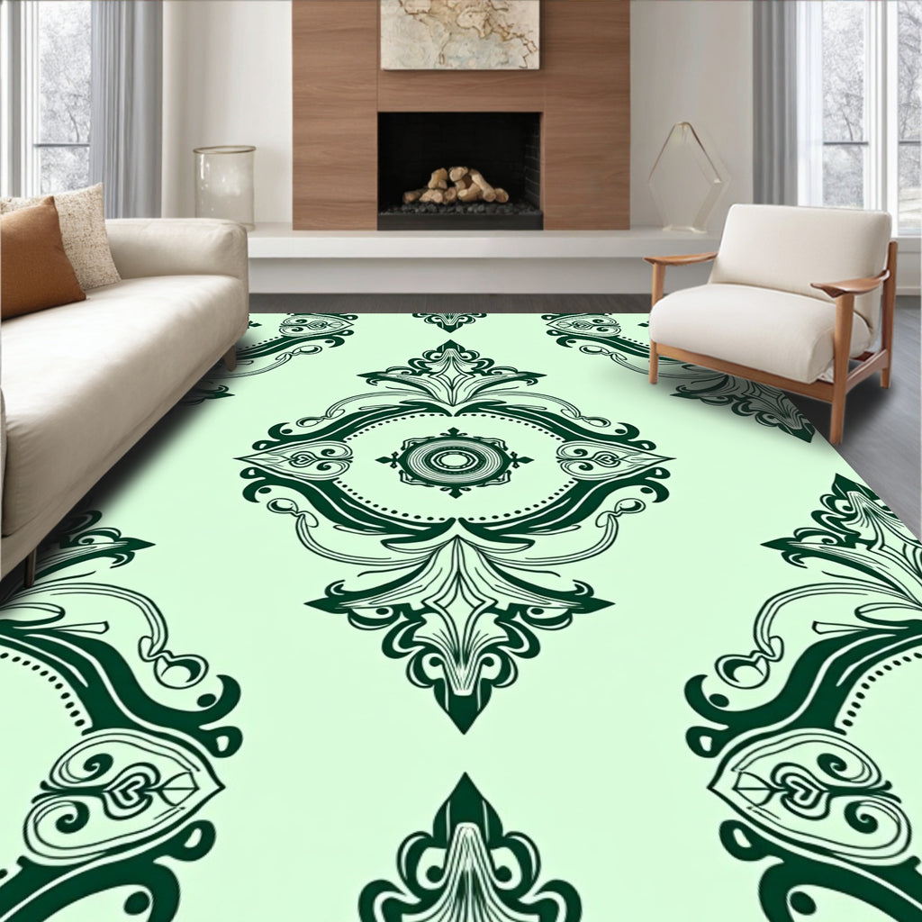 Elegant Dark Green Damask Pattern Rug