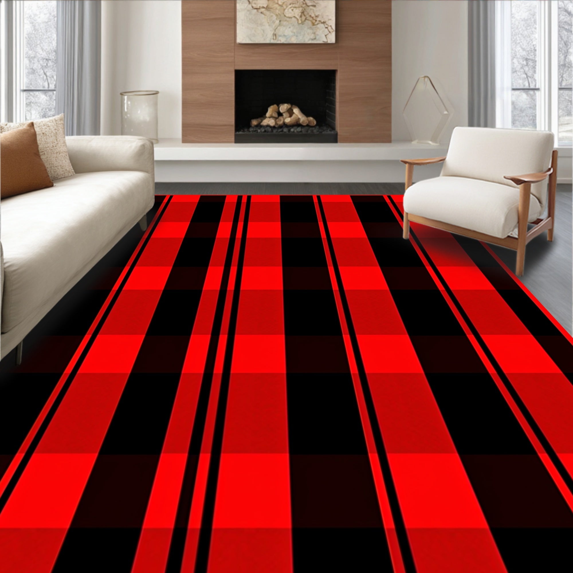 Bold Red Black Plaid Pattern Rug