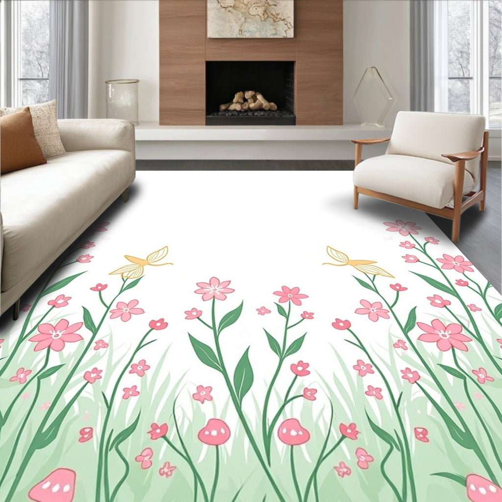 Whimsical Floral Meadow With Butterflies Rug